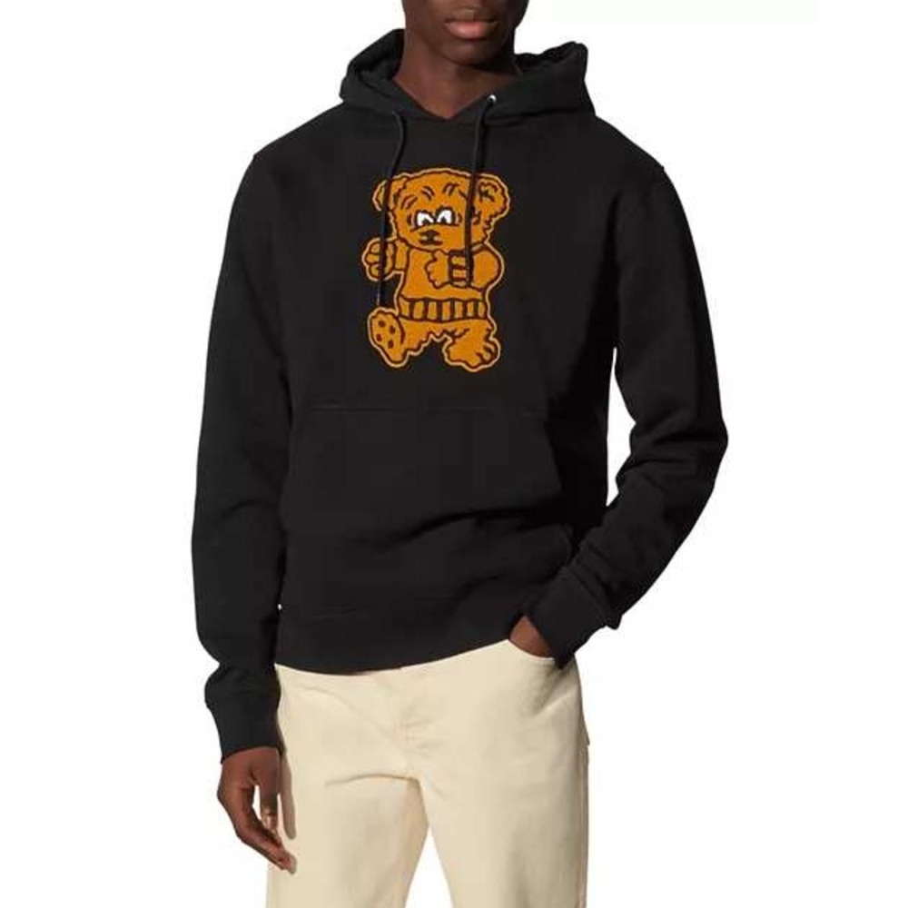 Sandro Paris Black Chenille Bear Patch Hoodie Cotton Graphic Sweatshirt